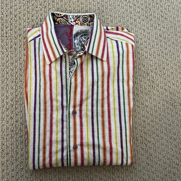 Robert Graham Men's Button Shirt Multi-Color Striped Paisley Cuffs Designer SZ M - Picture 3 of 5
